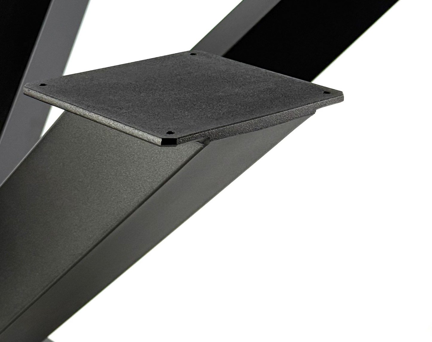 Close-up with mounting plate of dining table base Spider style covered with powder coating black