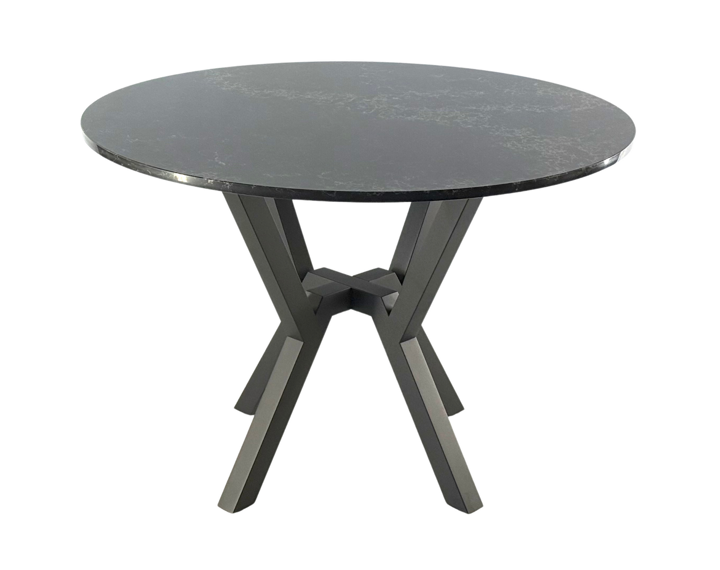 Front view with stone table top with Industrial Spider-Style Steel Table Base - URBAN, covered with black powder coating