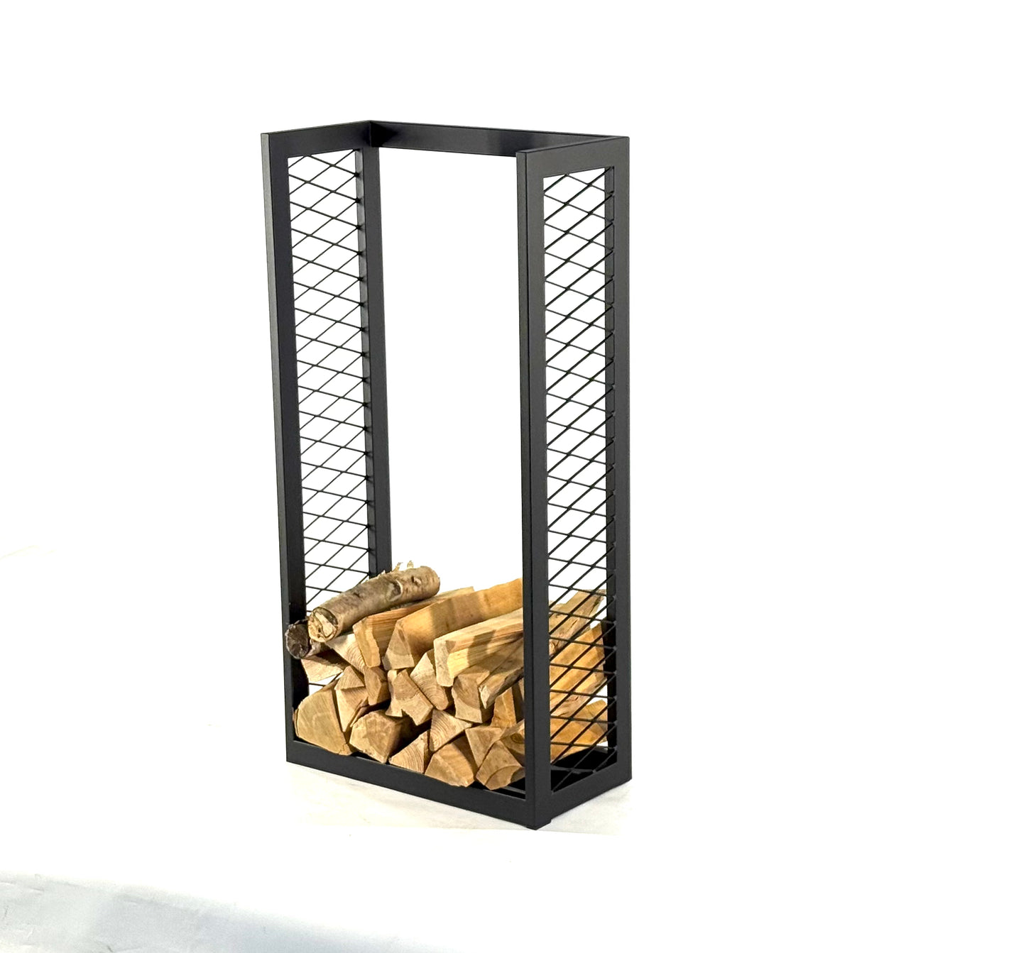 Modern Steel Firewood Rack with Mesh Sides - DIAMOND