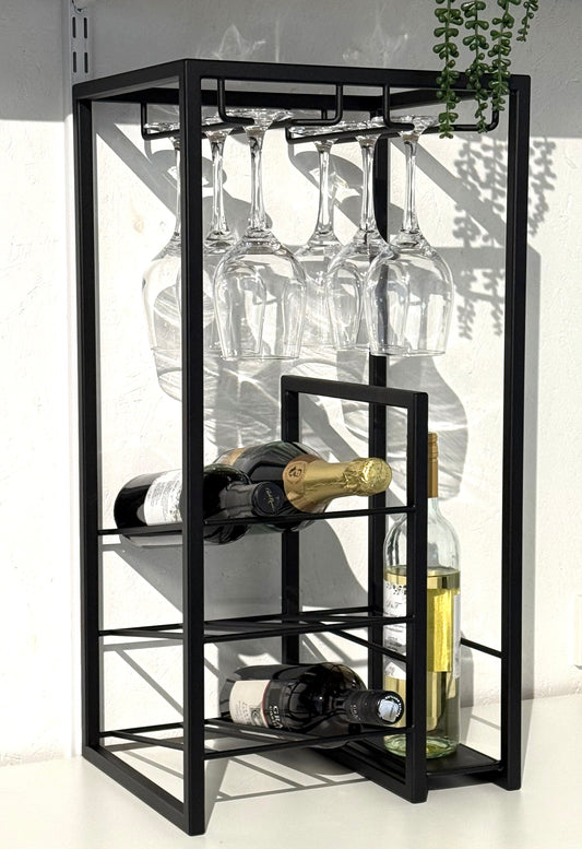 Front view with wine bottles and wine glasses in interior of Free Standing Wine Rack