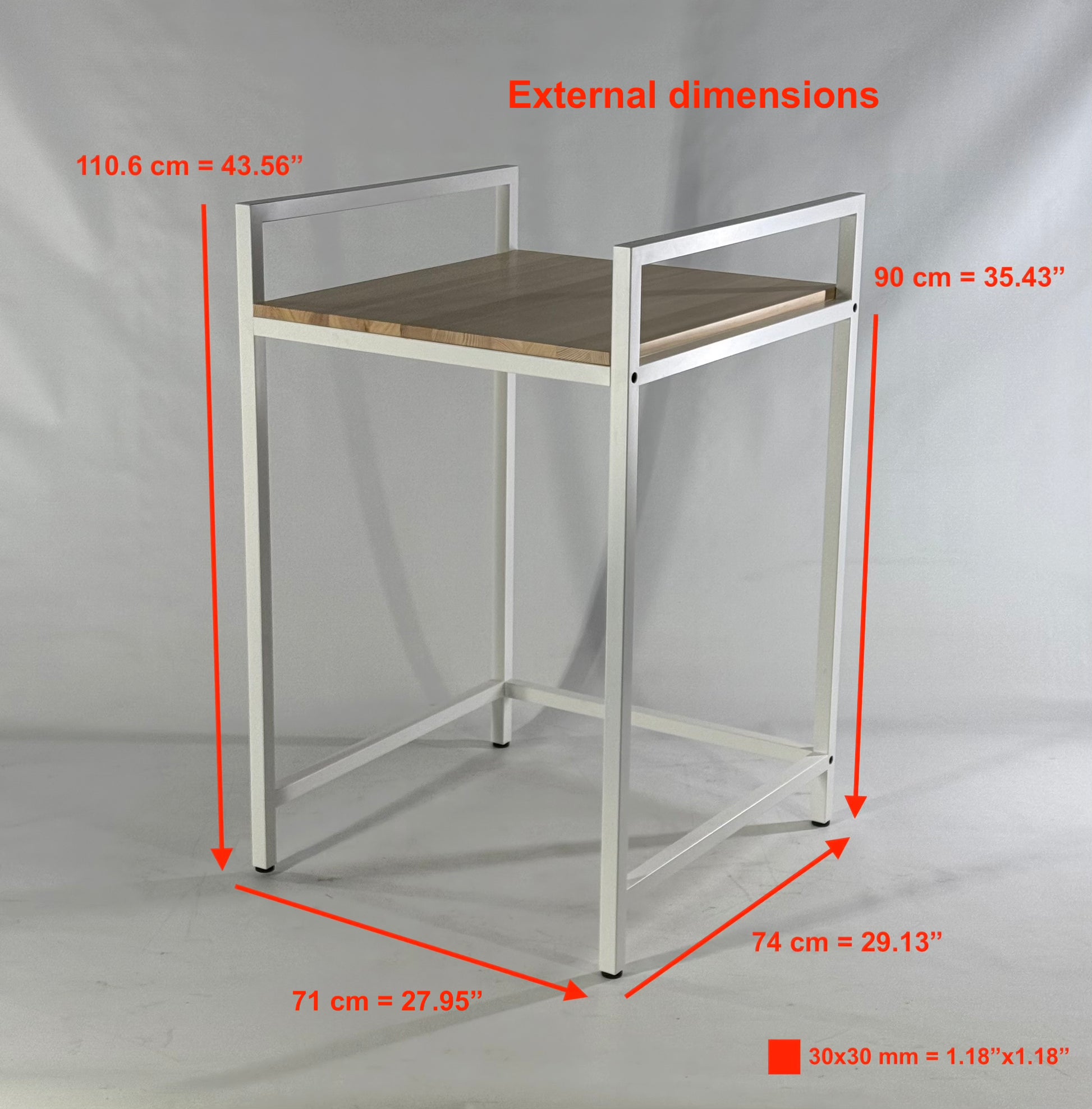 Front view with dimensions of Side view of Steel Stand for Washing Machine and Dryer - FRESH
