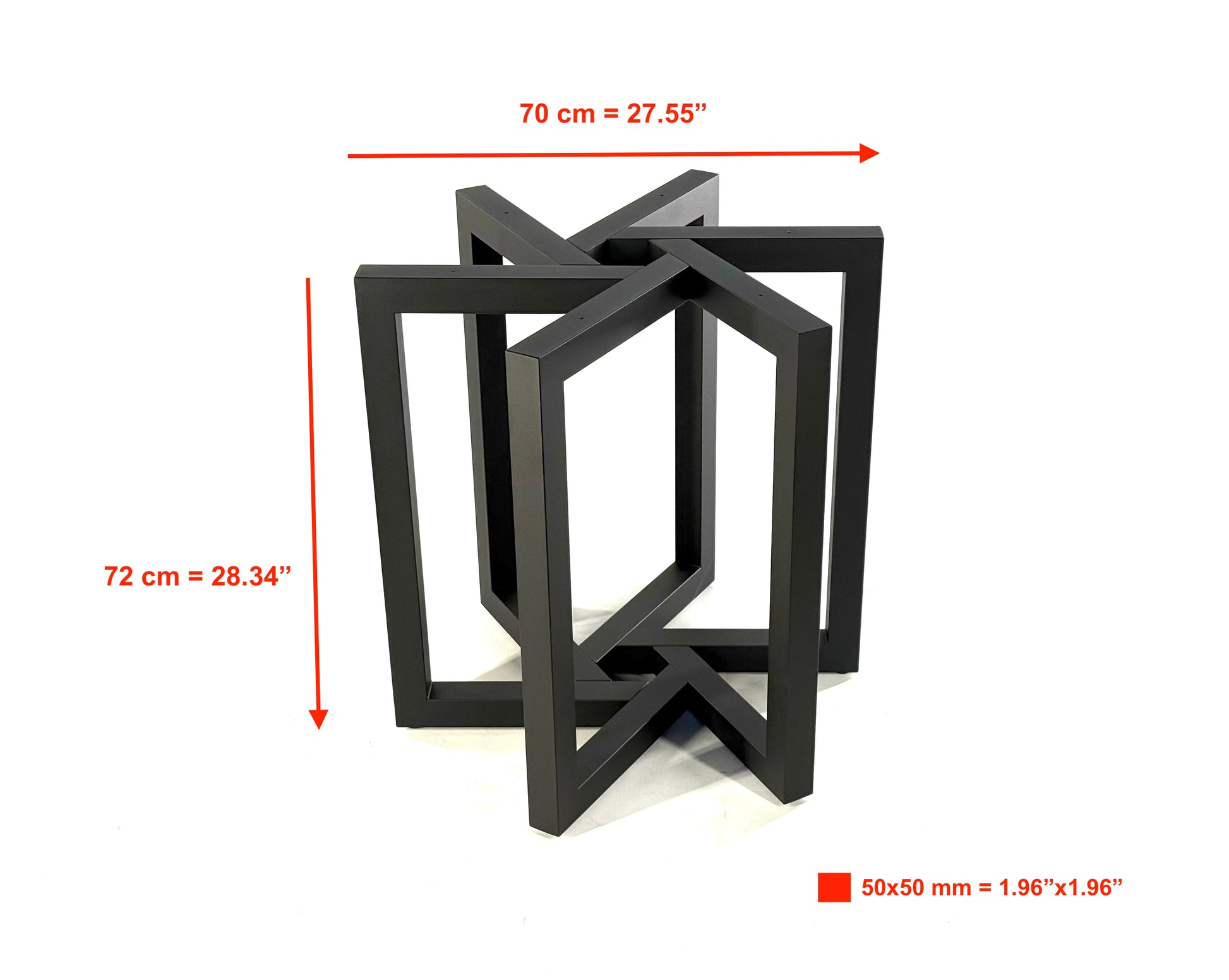 Side view with dimensions of Metal Dining Table Base - SUN