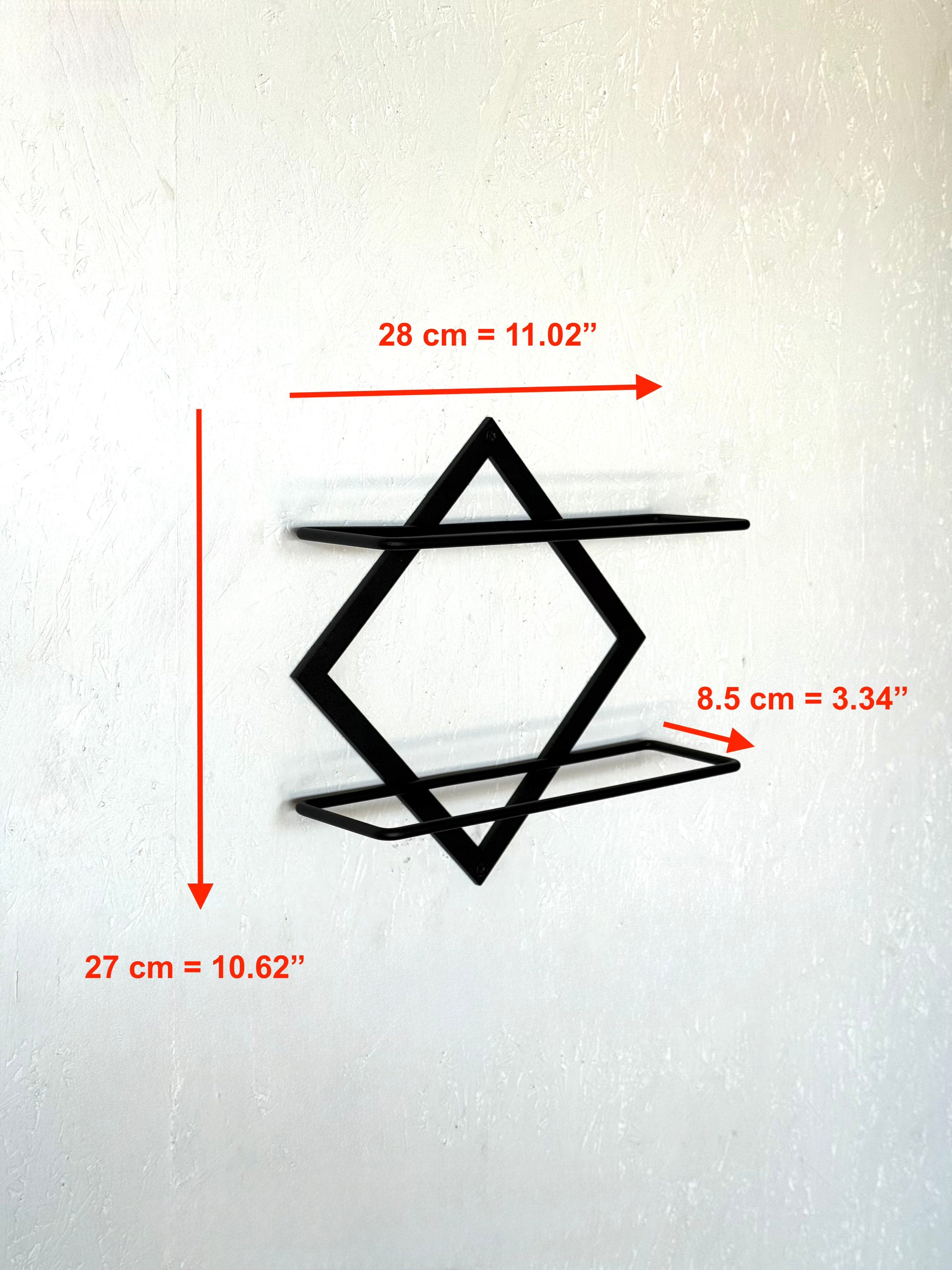 Front view with dimensions of wall-mounted metal wine bar shelf