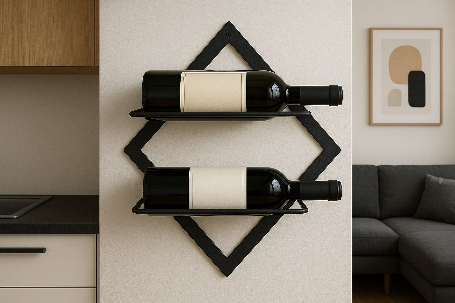 Front view in interior of wall-mounted metal wine bar shelf