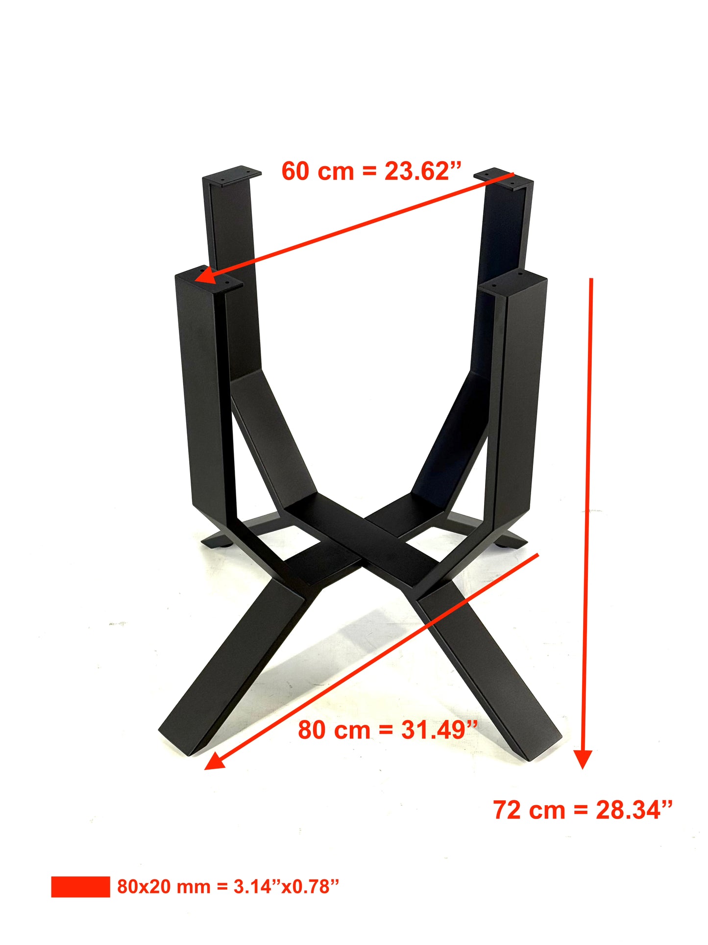Front view with dimensions of Black Steel Table Base for Dining or Kitchen Table - TULIP
