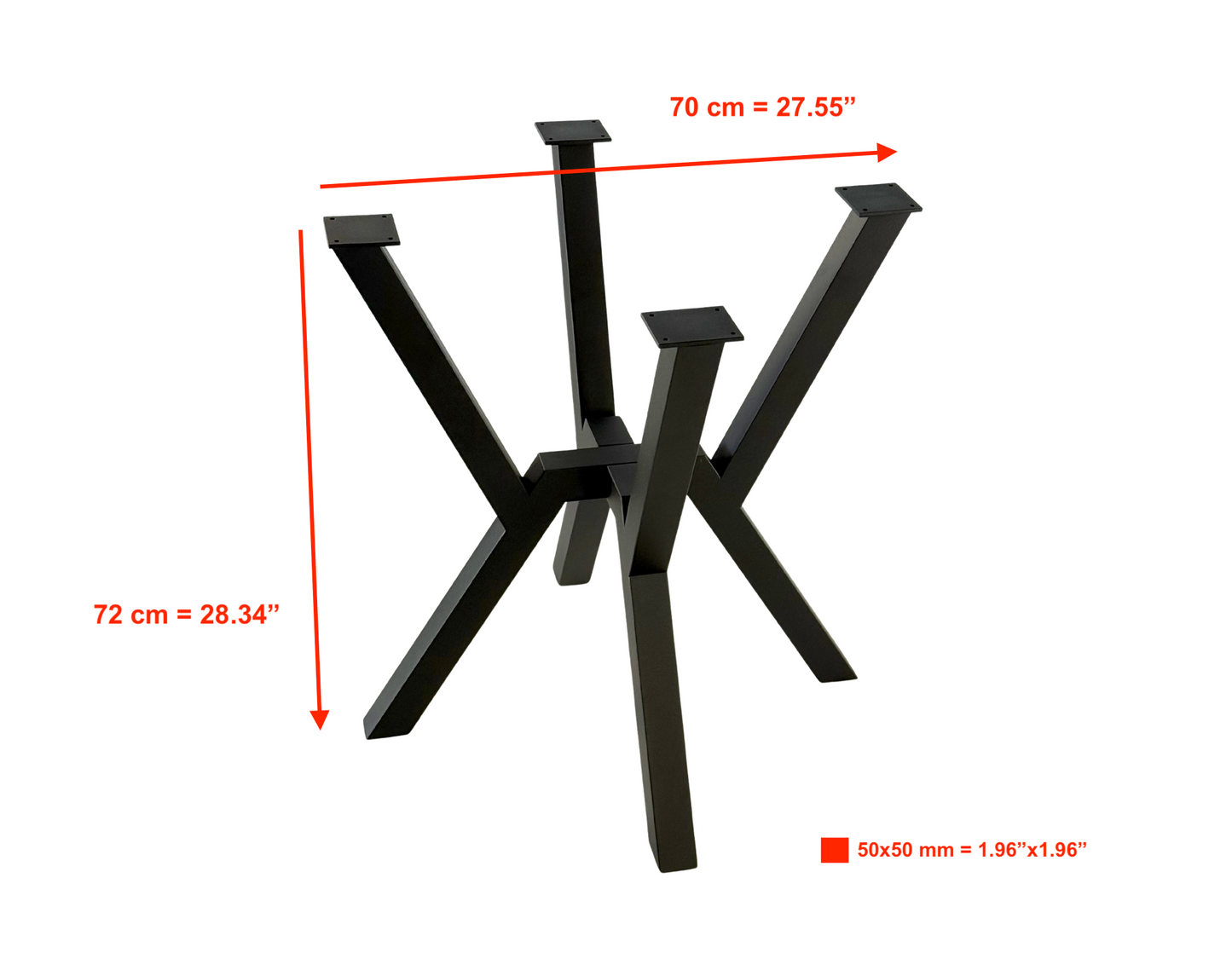 Front view with dimensions of Industrial Spider-Style Steel Table Base - URBAN