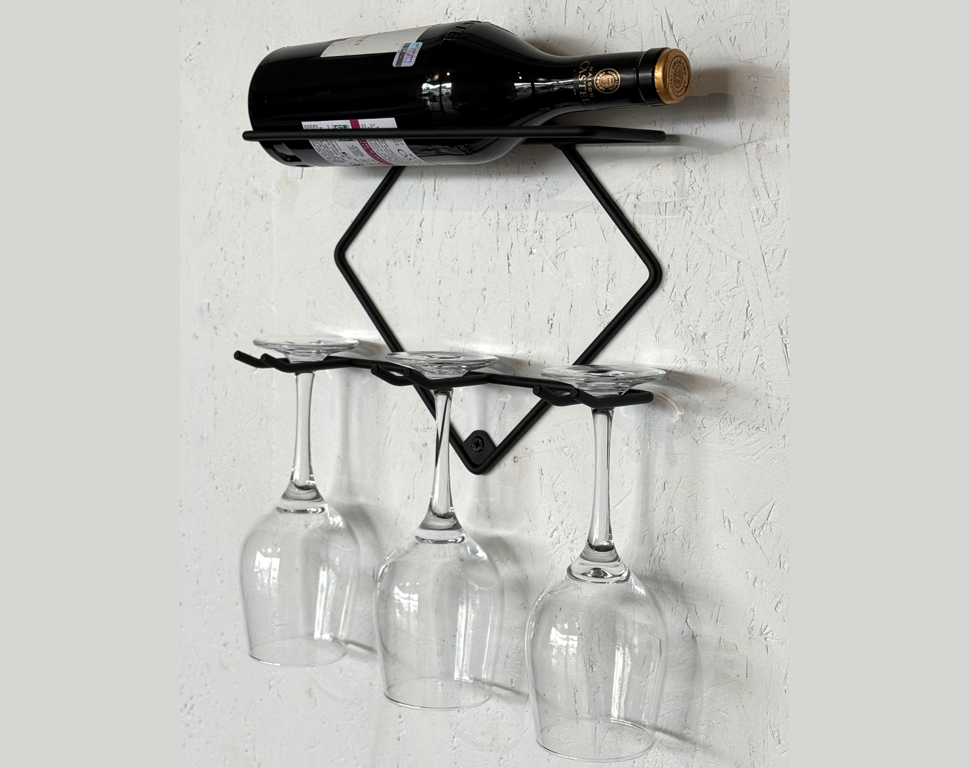 Side view in use of Wall Mounted Wine Bar – Metal Wine Rack & Mini Home Bar Shelf | Powder-Coated Steel Drink Rack | Wall-mounted metal wine rack with industrial finish