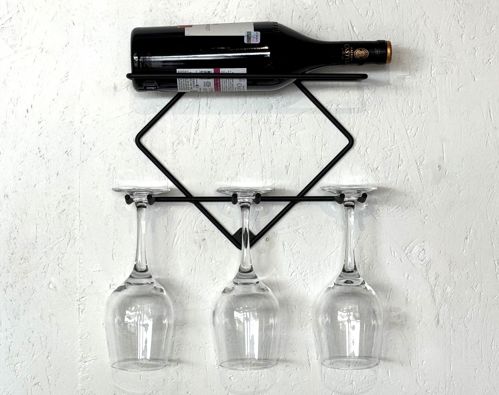 Front view with wine bottle and wine glasses for Wall Mounted Wine Bar – Metal Wine Rack & Mini Home Bar Shelf | Powder-Coated Steel Drink Rack | Wall-mounted metal wine rack with industrial finish