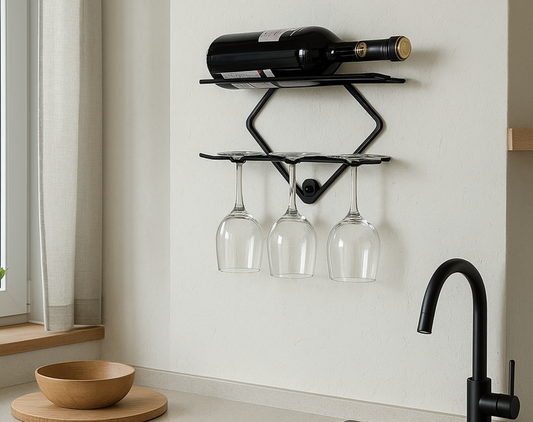 Front view in kitchen interior of Wall Mounted Wine Bar – Metal Wine Rack & Mini Home Bar Shelf | Powder-Coated Steel Drink Rack | Wall-mounted metal wine rack with industrial finish