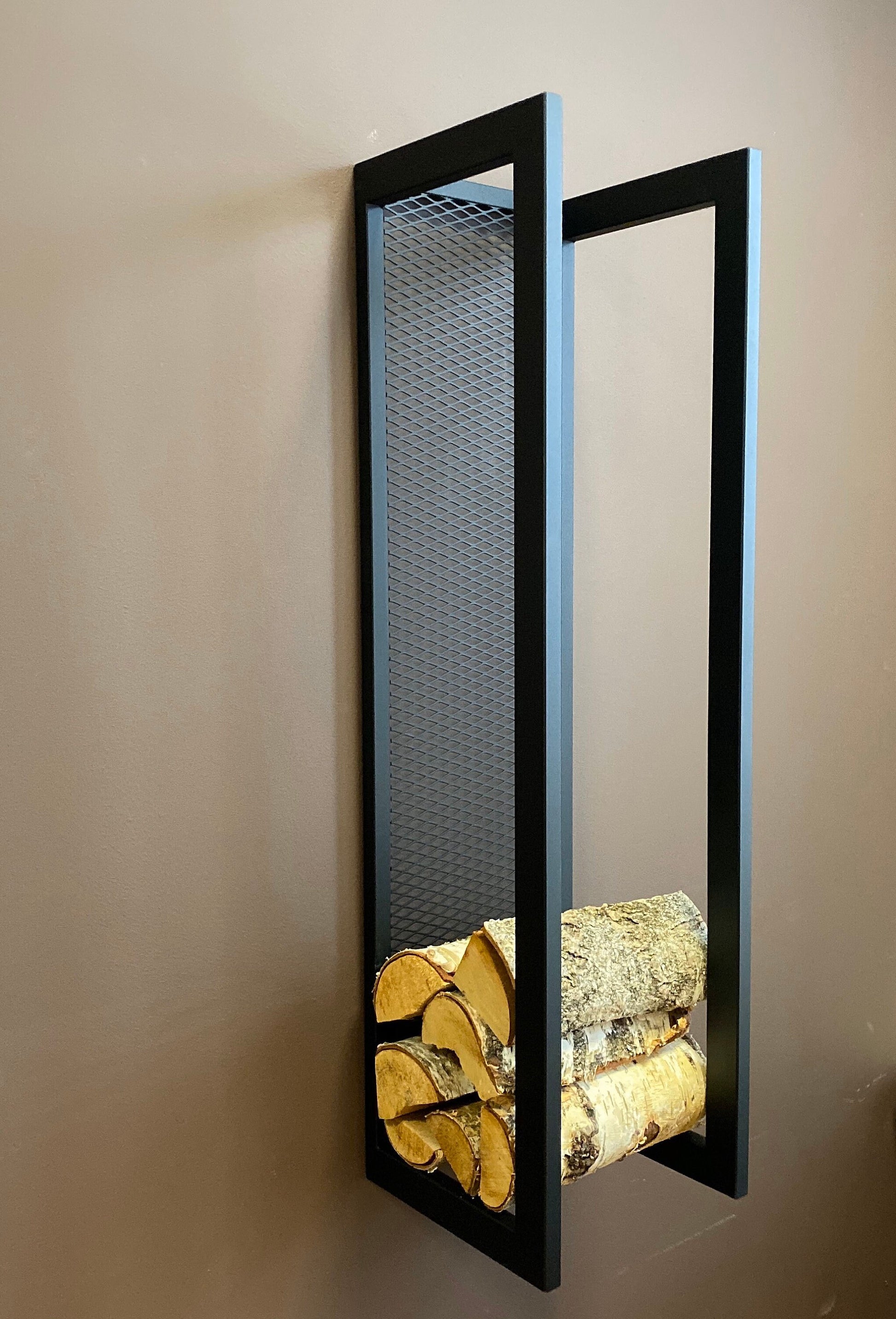 ELEGANT WALL FIREWOOD rack with wall protector/ steel sieve