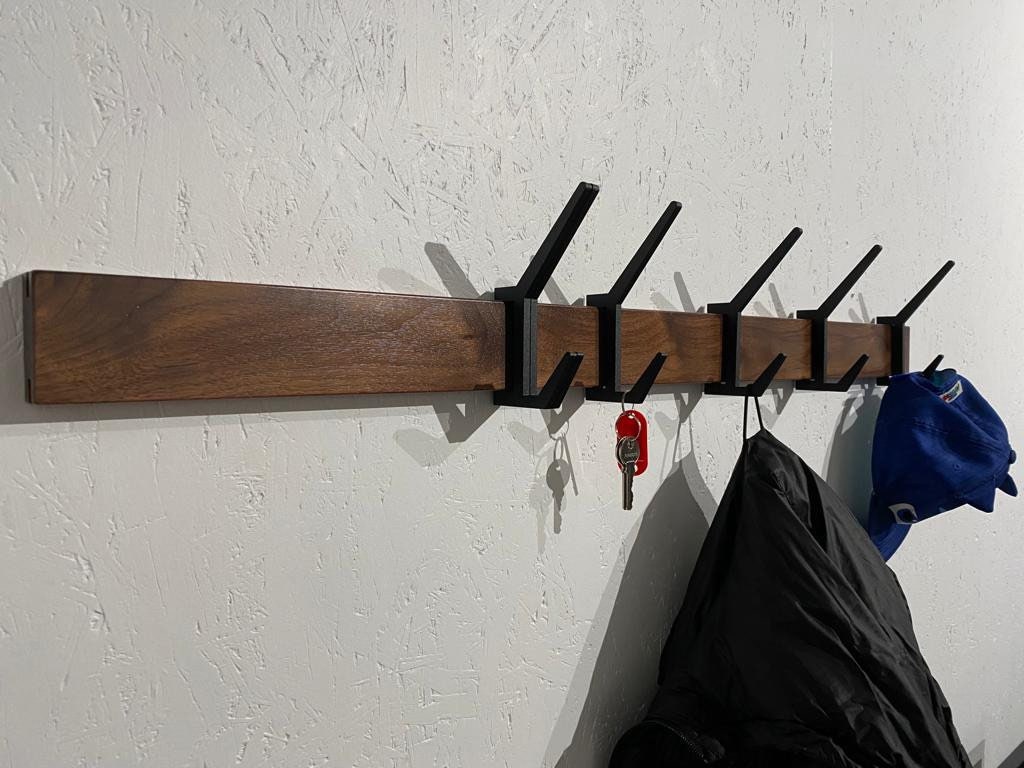 Wooden COAT & HAT rack, Wooden rack with removable hooks, Stylish walnut wood rack with sliding hooks, Entryway coat hooks/ WALNUT