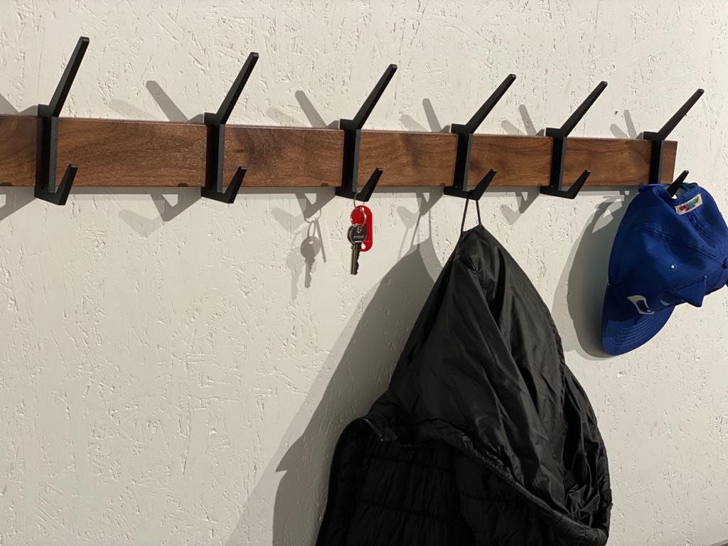 Wooden COAT & HAT rack, Wooden rack with removable hooks, Stylish walnut wood rack with sliding hooks, Entryway coat hooks/ WALNUT