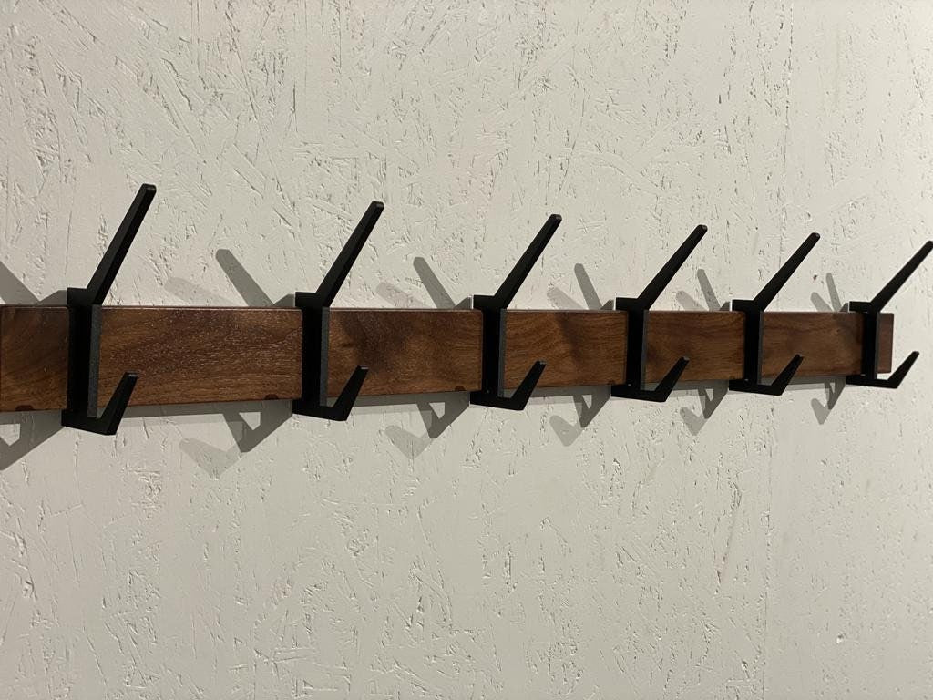 Wooden COAT & HAT rack, Wooden rack with removable hooks, Stylish walnut wood rack with sliding hooks, Entryway coat hooks/ WALNUT