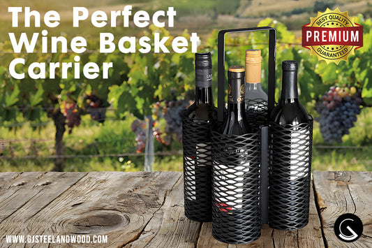 Black metal wine basket carrier holding four wine bottles, with a vertical steel handle and modern mesh design, placed on a light-colored countertop in a minimalist kitchen setting.