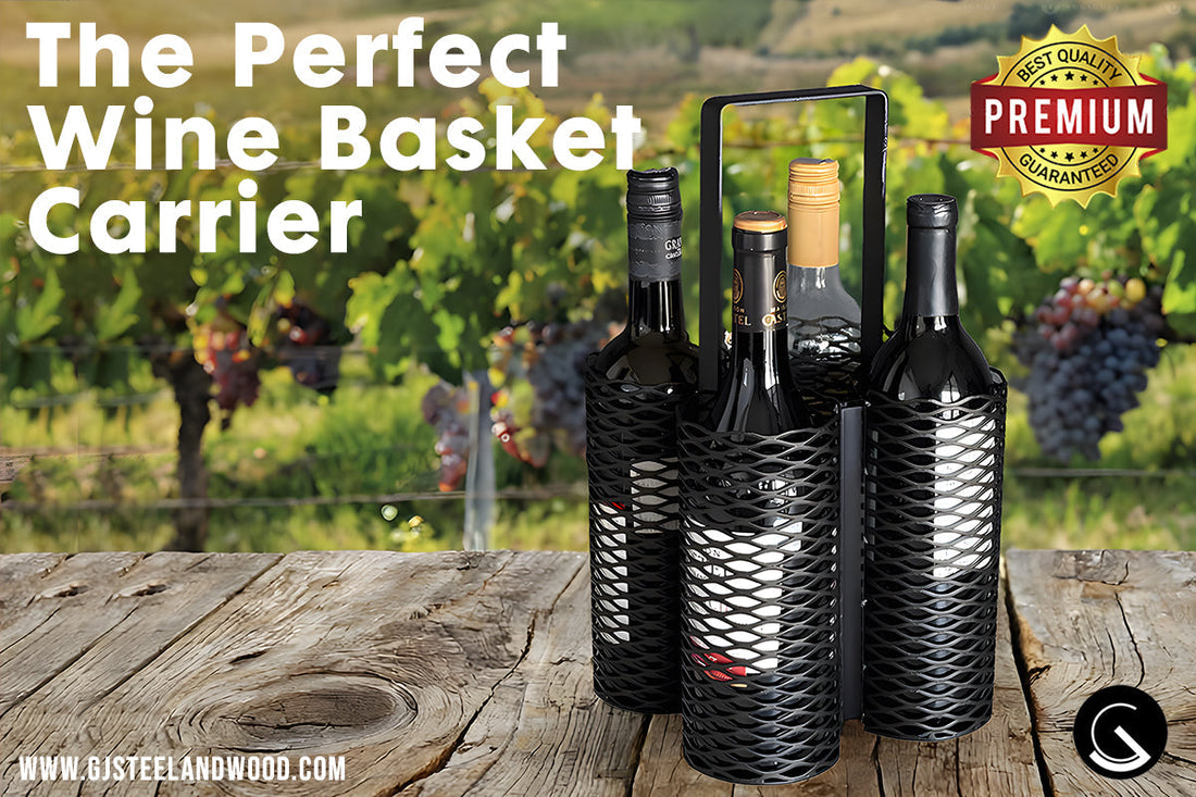 Black metal wine basket carrier holding four wine bottles, with a vertical steel handle and modern mesh design, placed on a light-colored countertop in a minimalist kitchen setting.