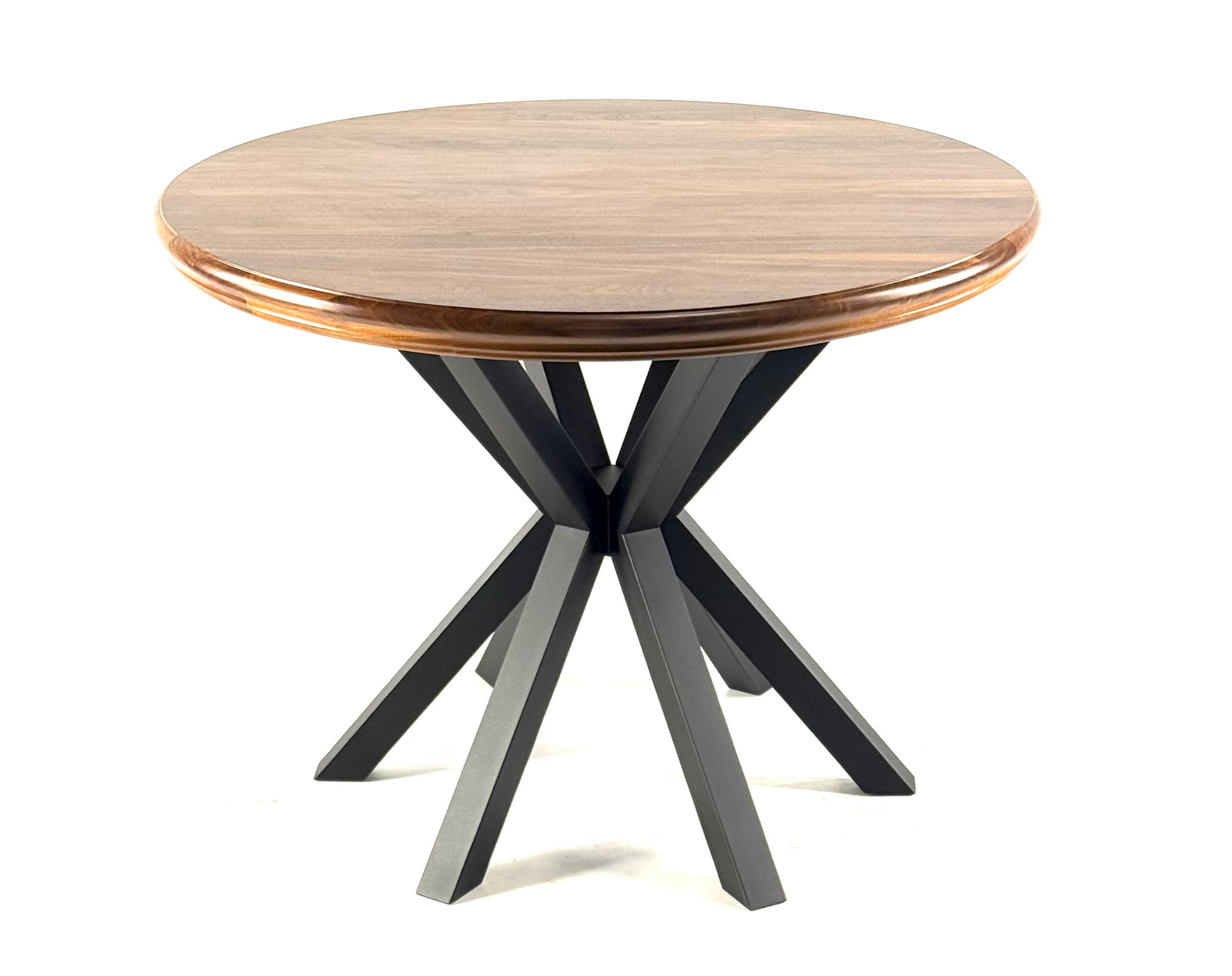 Front view with walnut table top with Spider Style Dining Table Base covered with Powder Coating black