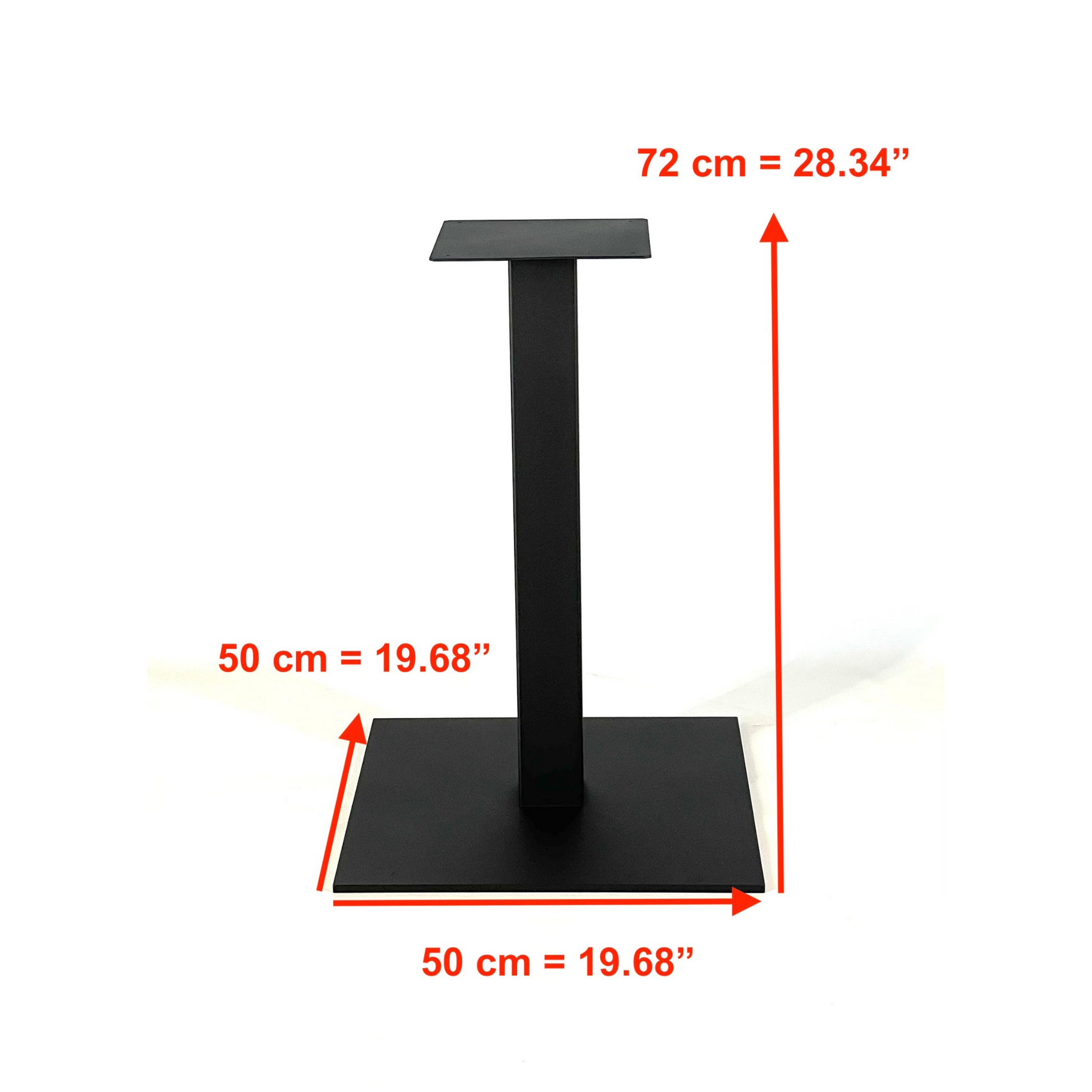 Front view with dimensions of Pedestal table base - SQUARE