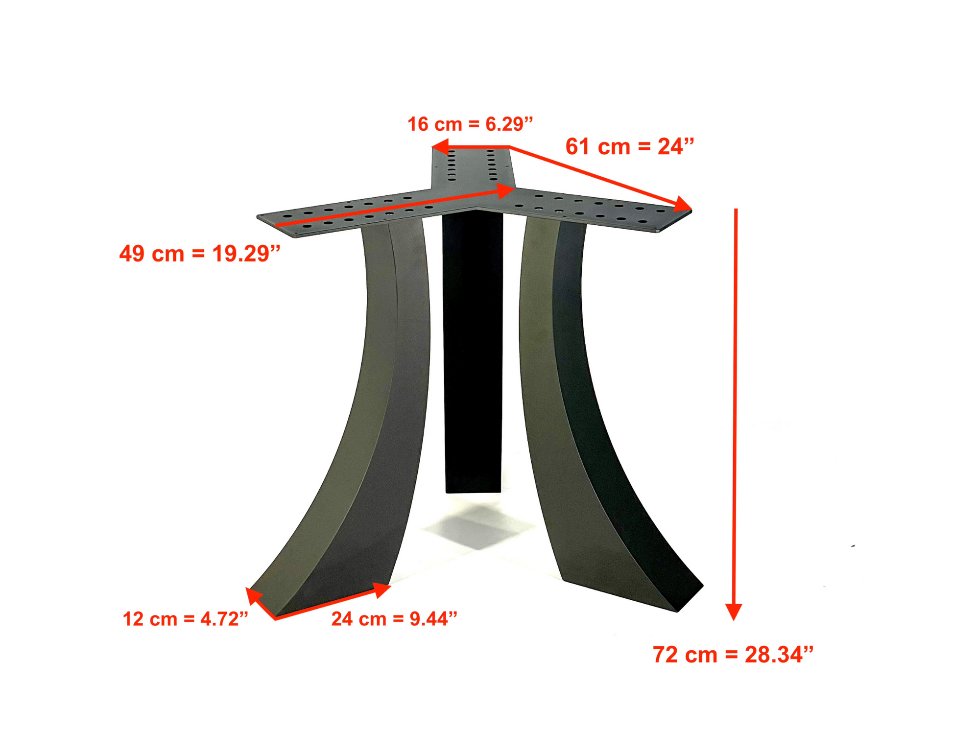 Front view with dimensions of Steel Dining Table Base - TRESTLE TRIPLE