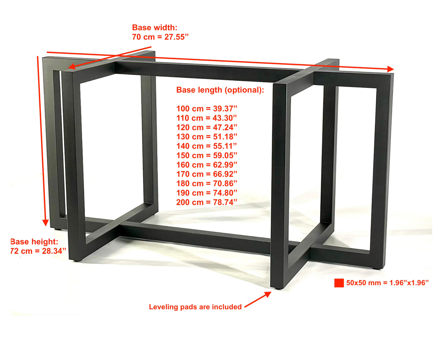 Front view with dimensions of Heavy Duty Metal Furniture Base - FRAME