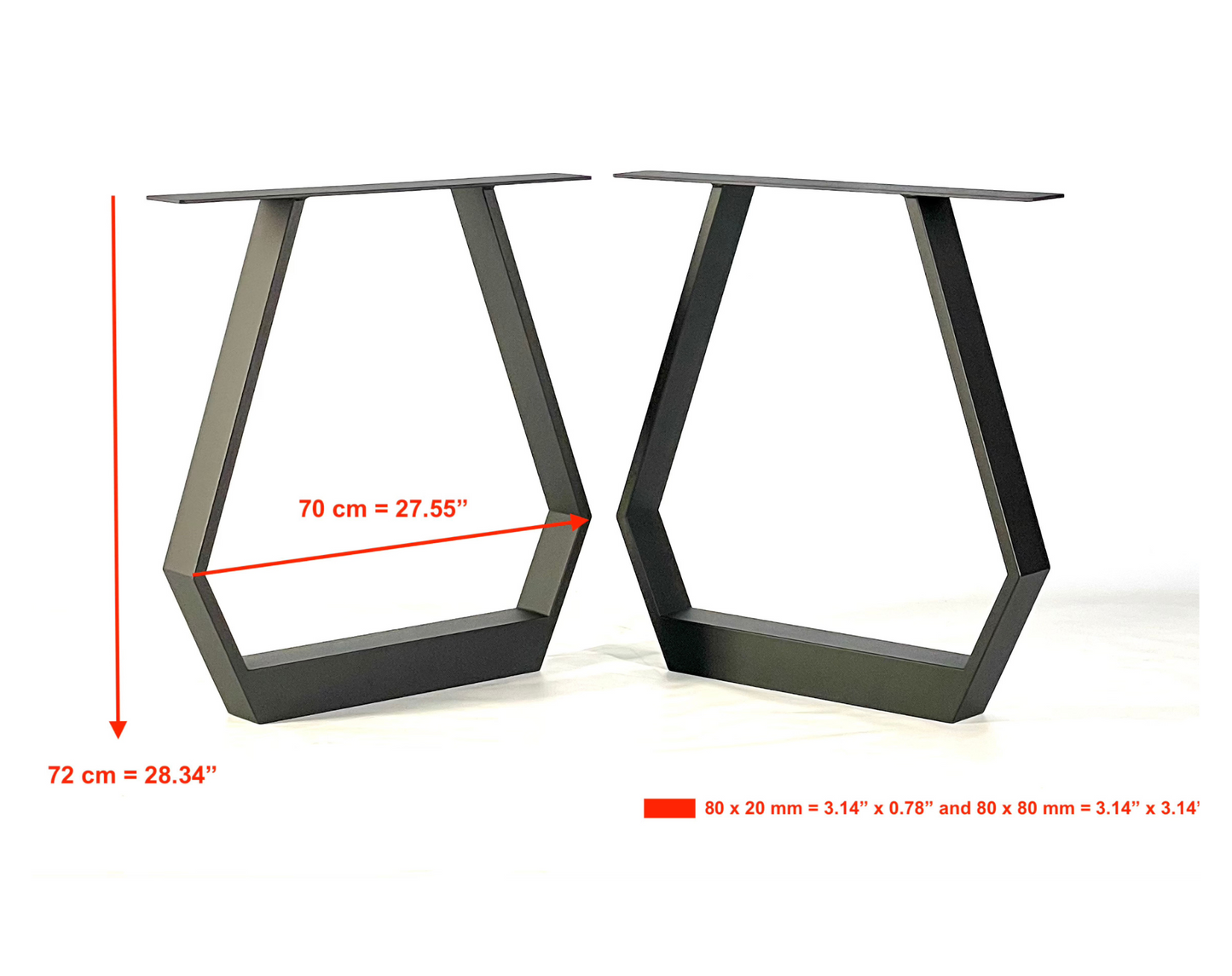 Front view with dimensions of Strong and Sturdy Dining Table Legs - PEAR HALF