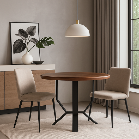 Front view in modern interior of Black Steel Table Base for Dining or Kitchen Table - TULIP with round walnut wood top