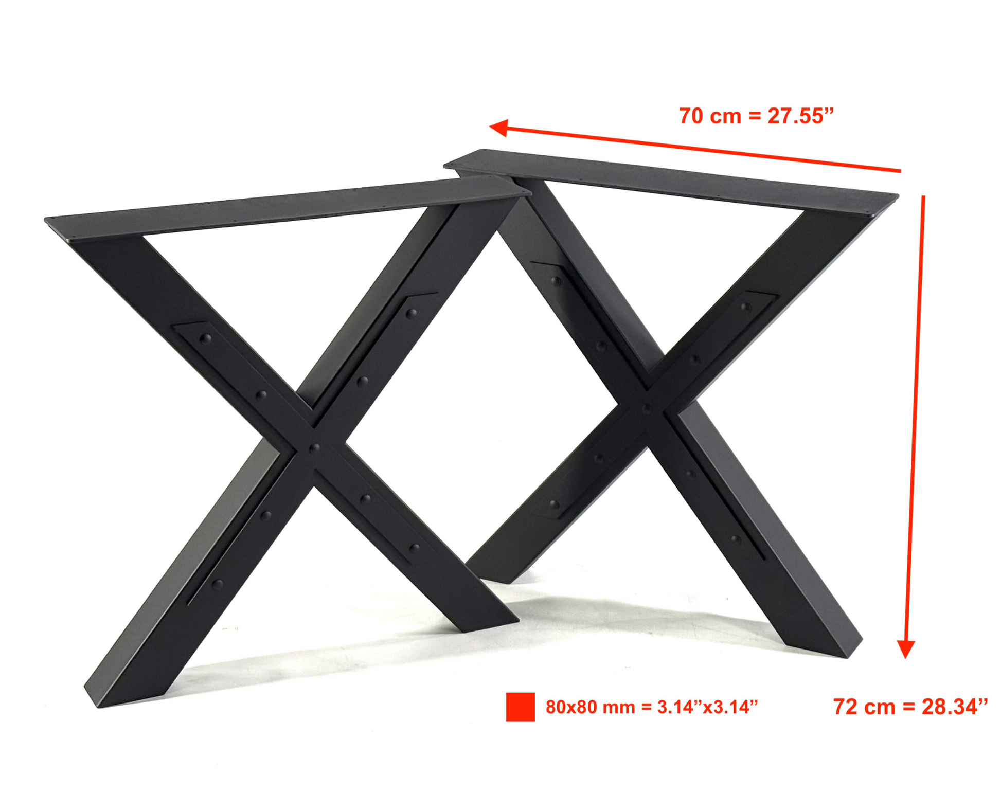 Side view with dimensions of Heavy Duty Steel X-Frame Table Legs - FARM