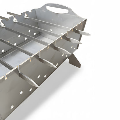 Close-up of stainless steel skewer grill notches evenly spaced for shashlik and kebab cooking above hot charcoal