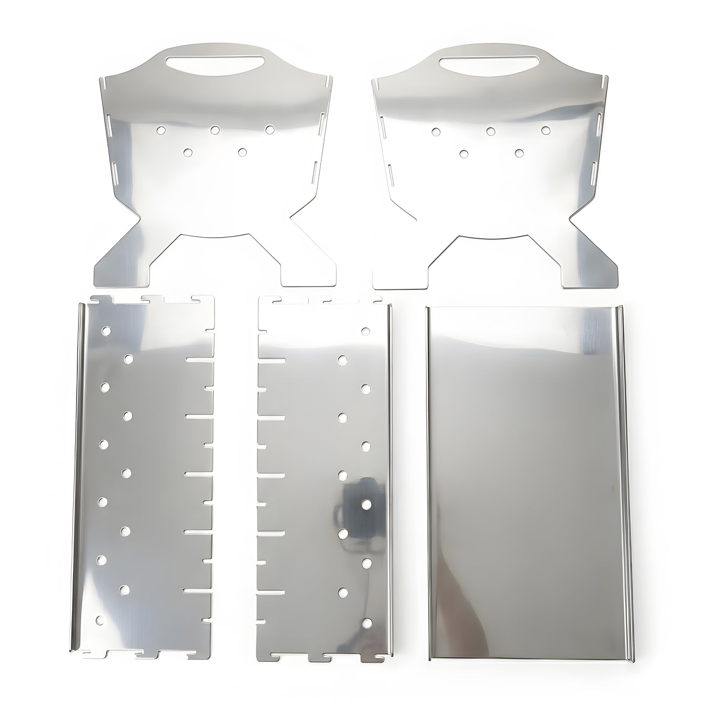 Collapsible stainless steel skewer grill shown flat-packed for easy transport, no tools required for assembly