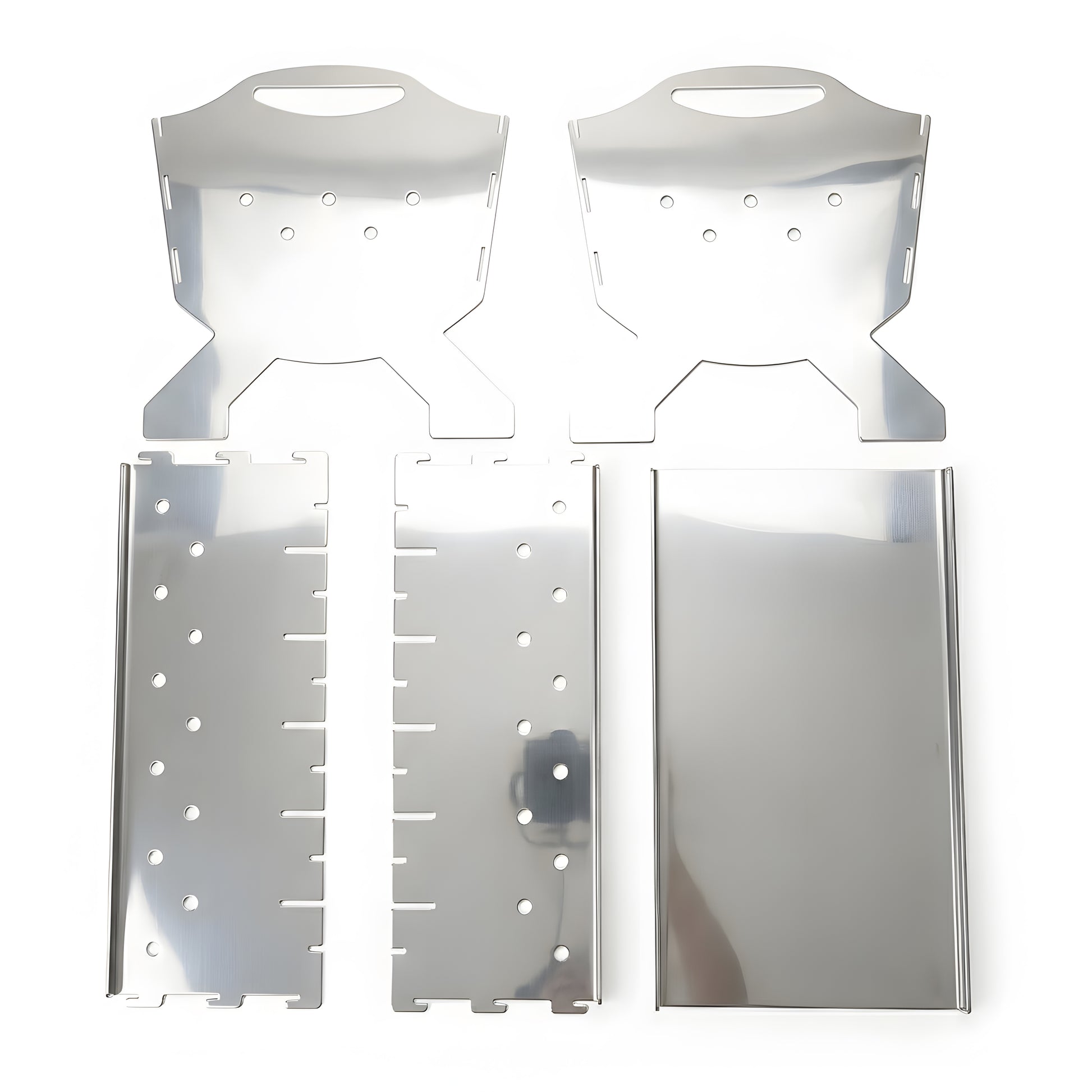 Collapsible stainless steel skewer grill shown flat-packed for easy transport, no tools required for assembly