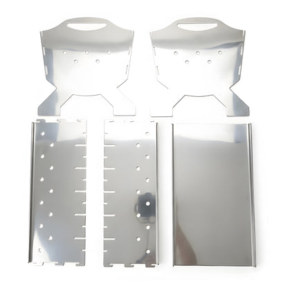 Collapsible stainless steel skewer grill shown flat-packed for easy transport, no tools required for assembly