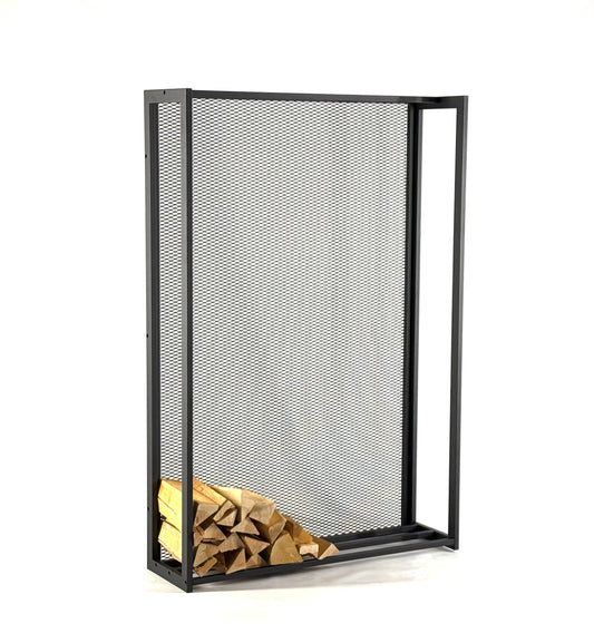 Front view with firewood of Vertical Indoor Firewood Holder - WALNUT