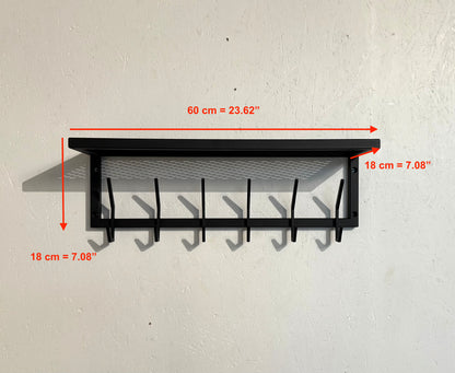 Front view with dimensions of Steel coat & hat rack with shelf 