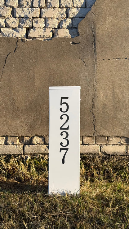 Front view on the ground with Modern Freestanding Steel Address Column & House Number Sign in white