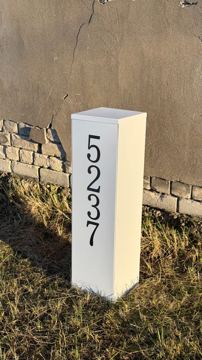 Side view on the ground of Modern Freestanding Steel Address Column & House Number Sign in white