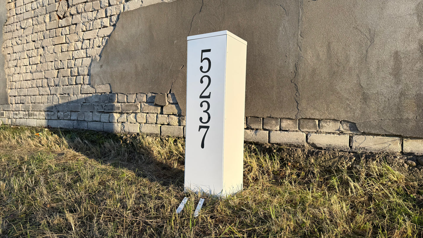 Front view with Modern Freestanding Steel Address Column & House Number Sign in white