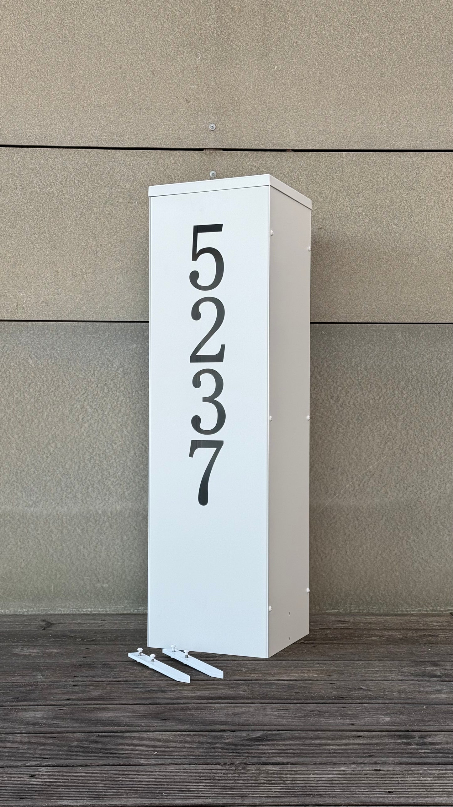 Front view with Modern Freestanding Steel Address Column & House Number Sign in white
