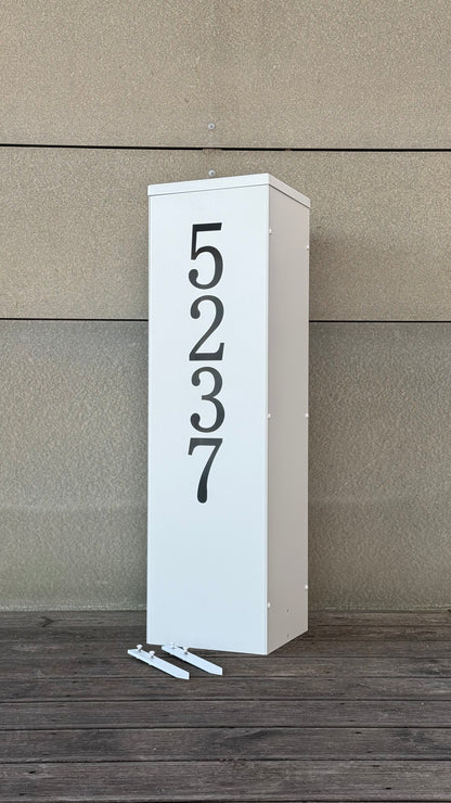 Front view with Modern Freestanding Steel Address Column & House Number Sign in white