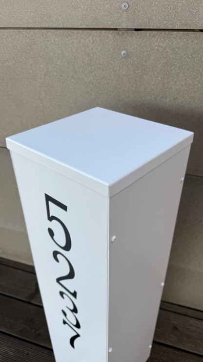 Close-up with top part of Modern Freestanding Steel Address Column & House Number Sign in white