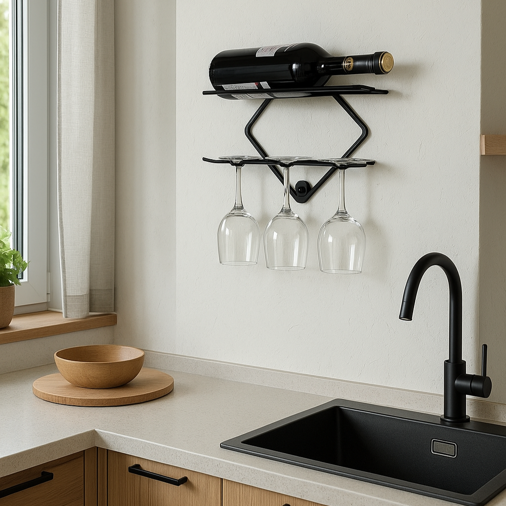 Front view in kitchen interior of Wall Mounted Wine Bar – Metal Wine Rack & Mini Home Bar Shelf | Powder-Coated Steel Drink Rack