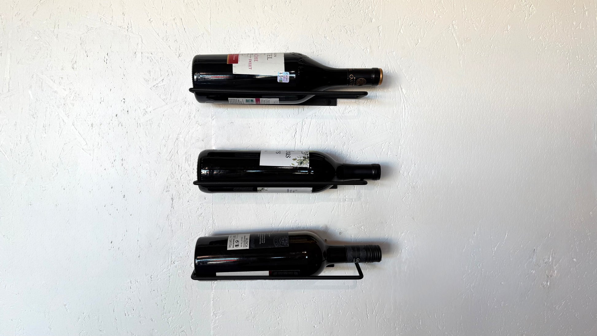 Front view with wine bottles of 3 Metal Wine Shelfs - SLIM