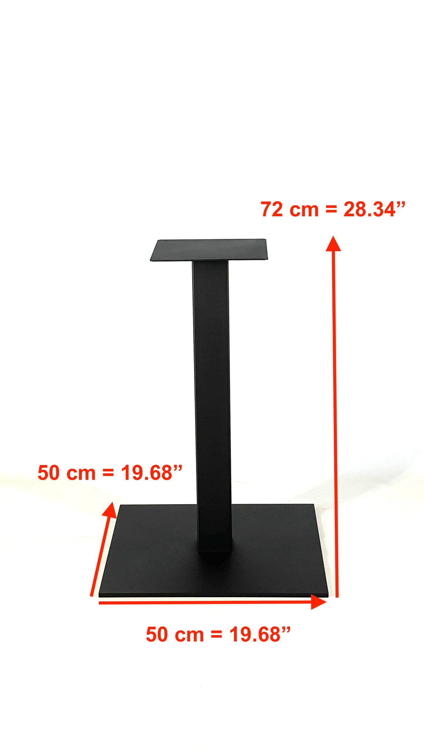 Front view with dimensions of Bistro table base metal modern, square table base metal tulip style, powder coated steel pedestal table, black metal dining table leg steel