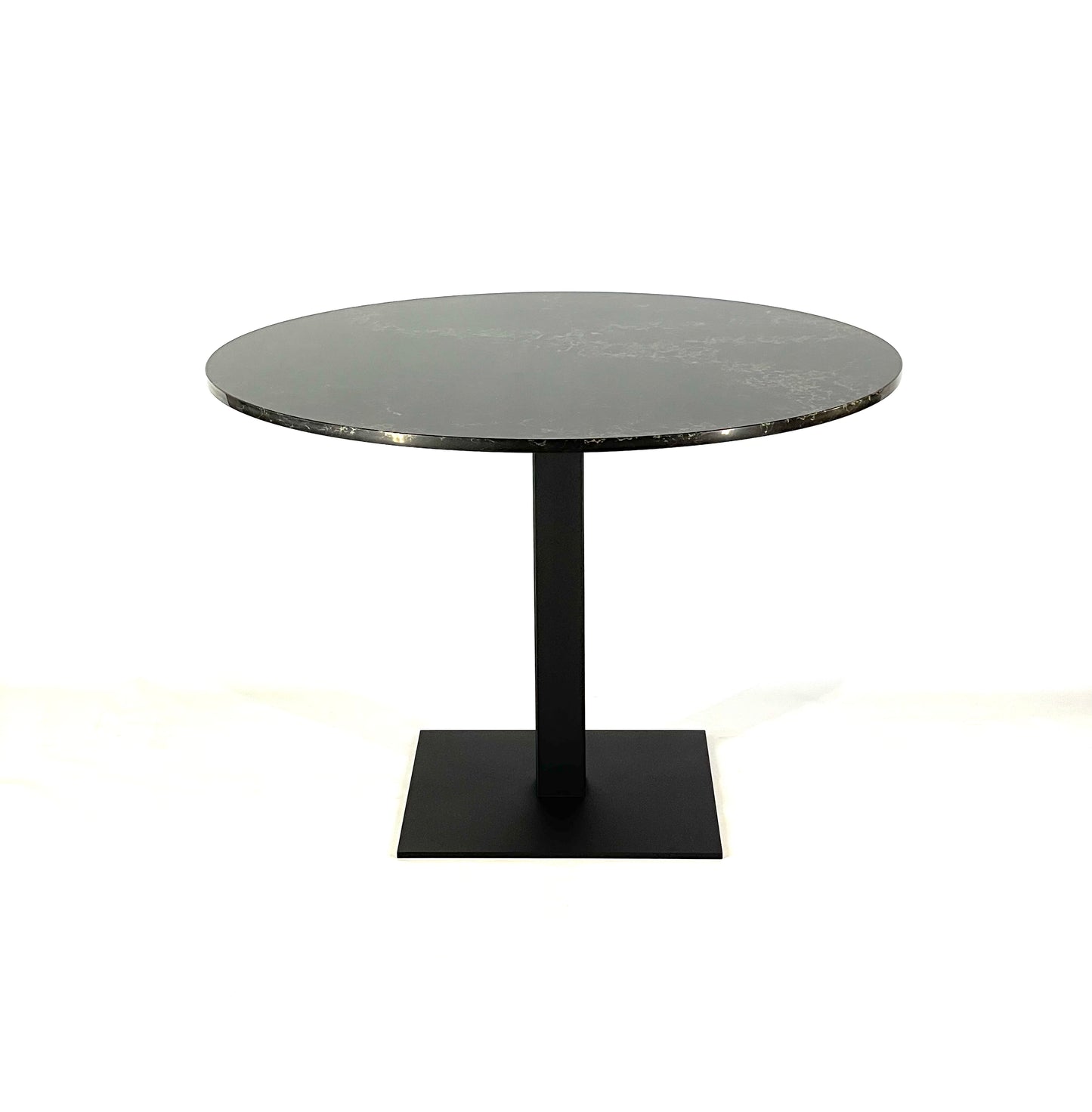 Front view with stone top of Bistro table base metal modern, square table base metal tulip style, powder coated steel pedestal table, black metal dining table leg steel