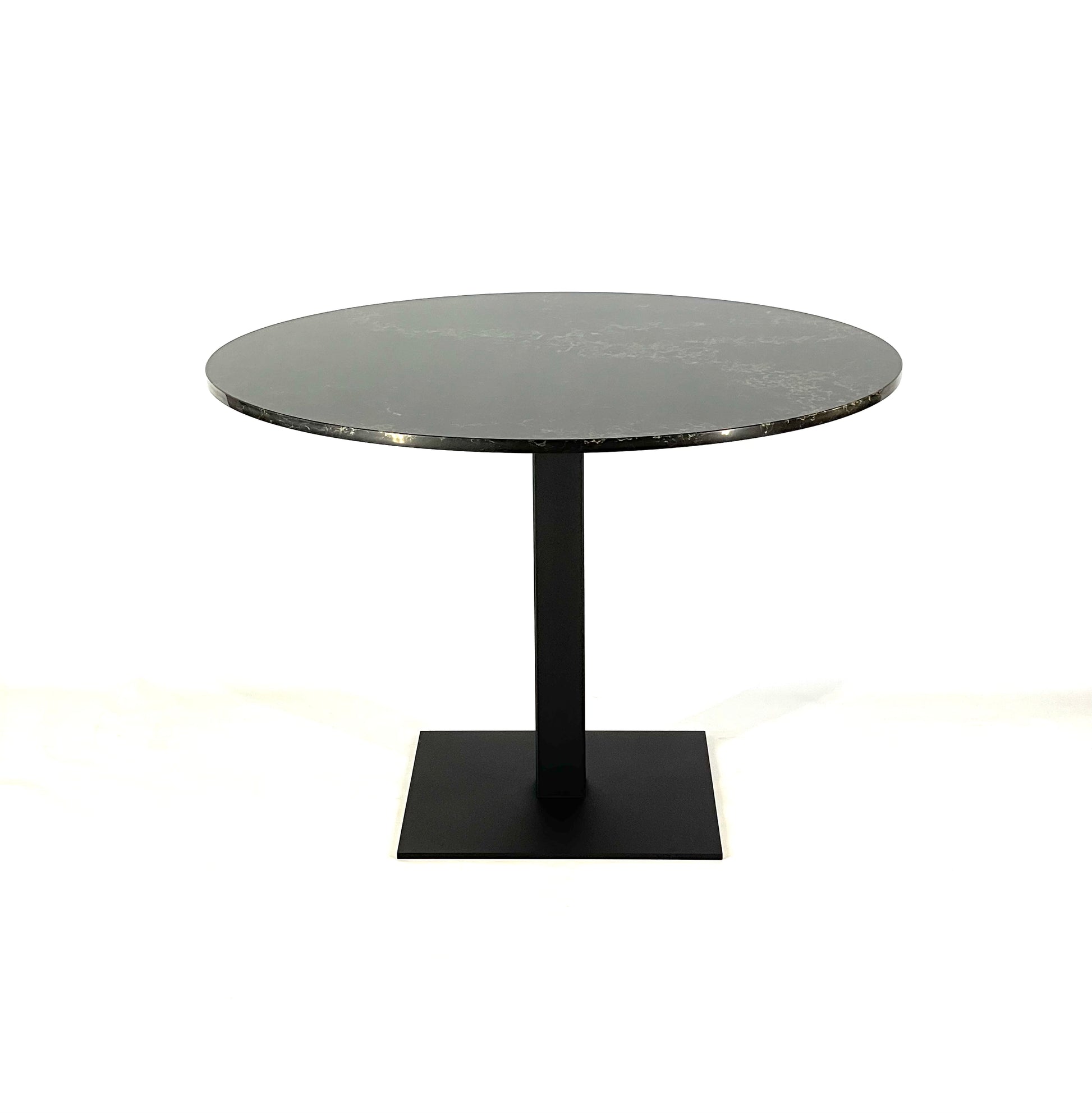 Front view with stone top of Bistro table base metal modern, square table base metal tulip style, powder coated steel pedestal table, black metal dining table leg steel