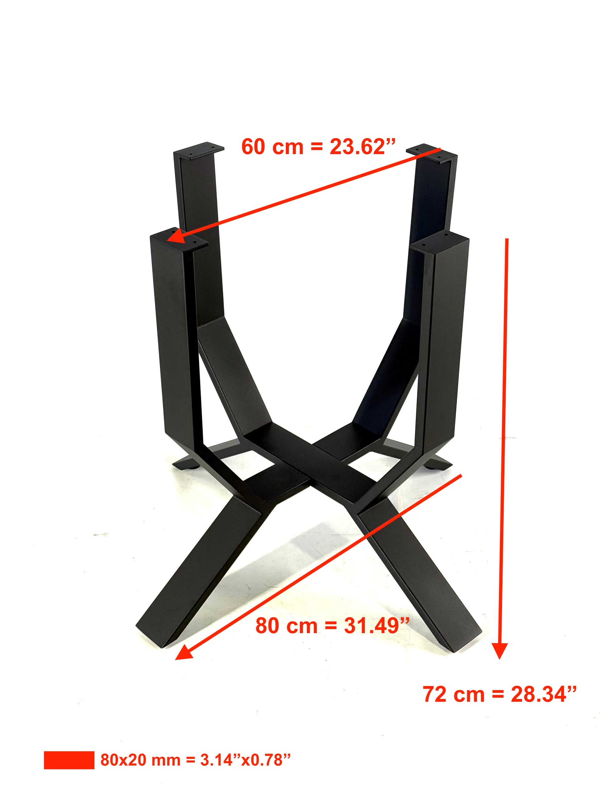 Front view with dimensions of Black Steel Table Base for Dining or Kitchen Table - TULIP
