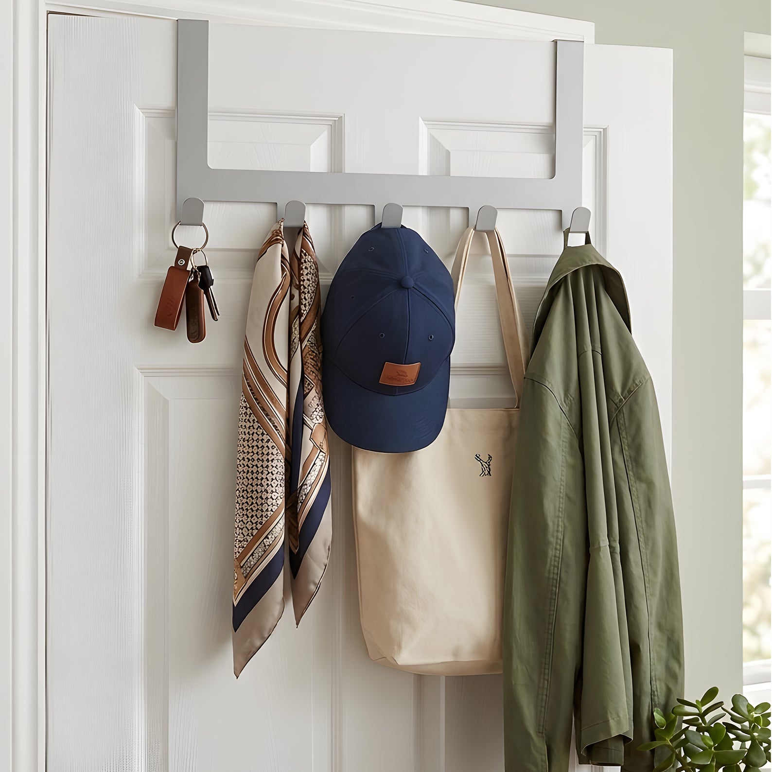 Sleek Over-door hook rack holding coats, bags, and scarves in a contemporary entryway