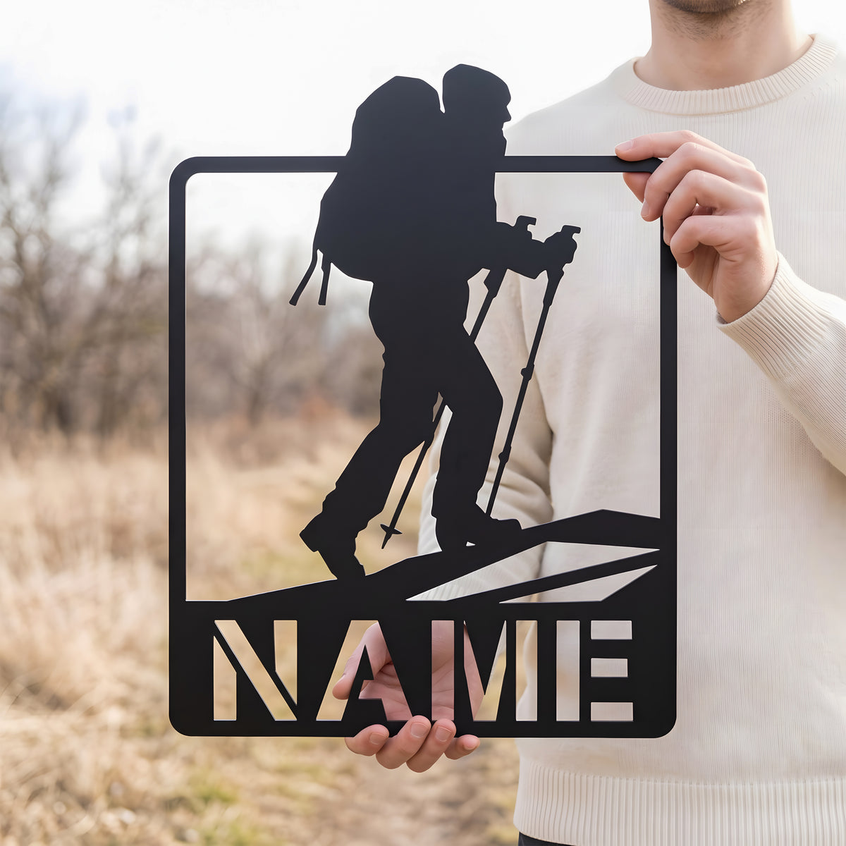 Personalized hiker metal sign man holding