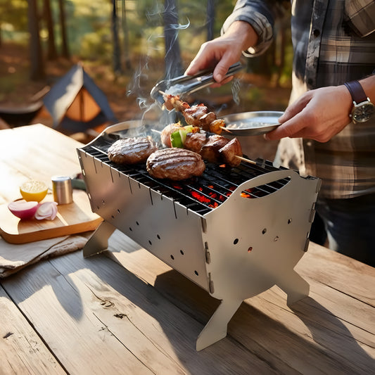 Personalized stainless steel skewer grill with notched edges and built-in carry handle, portable collapsible mangal design