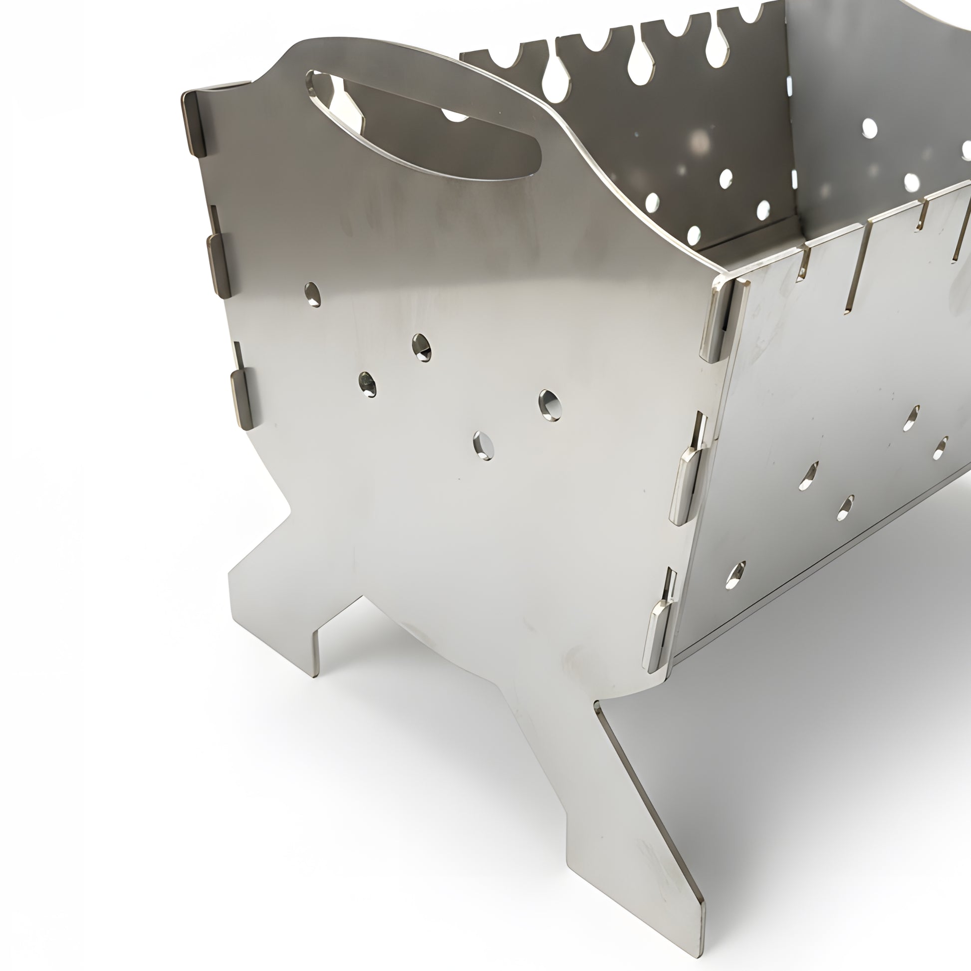 Side view of portable stainless steel mangal grill showing