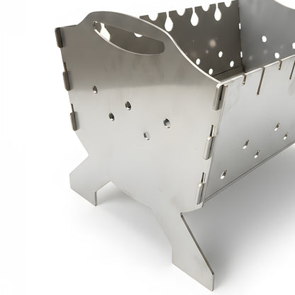 Side view of portable stainless steel mangal grill showing
