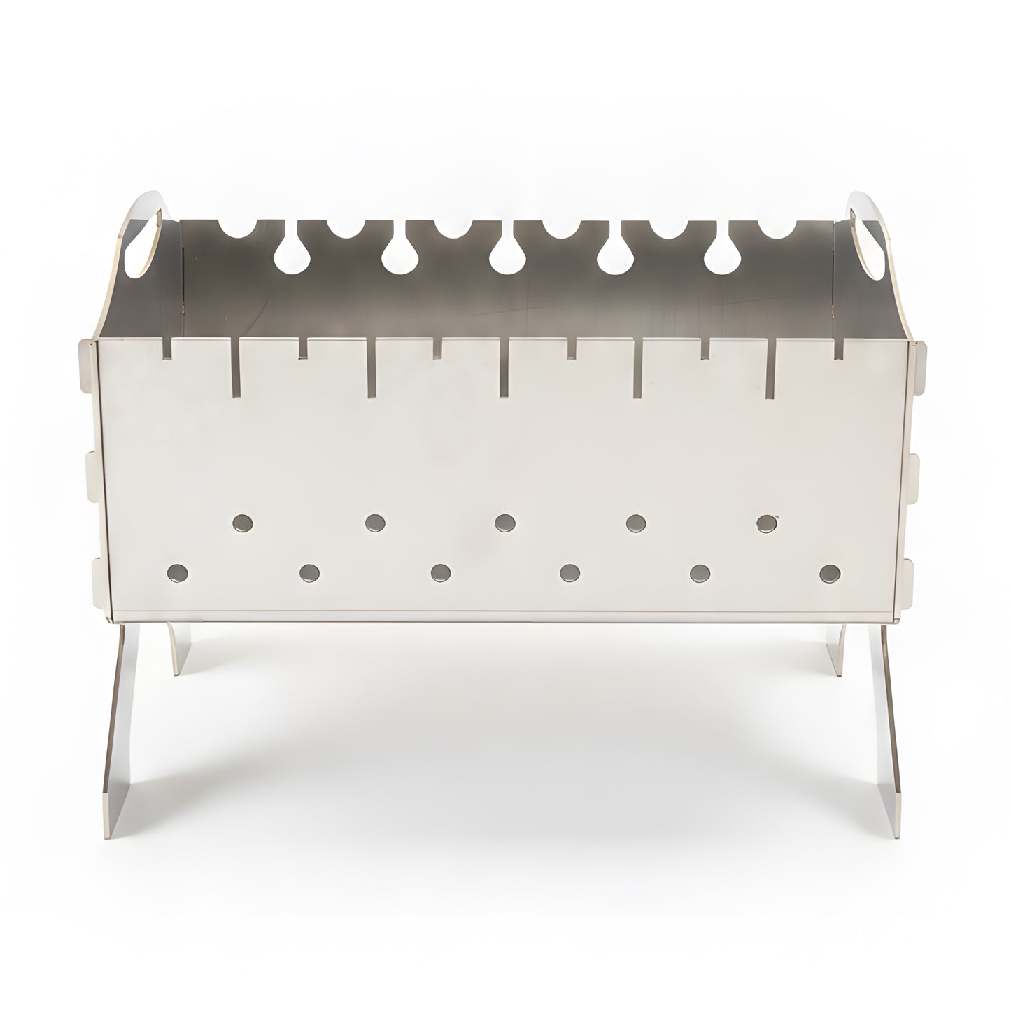 Side view of portable stainless steel mangal grill showing front side view